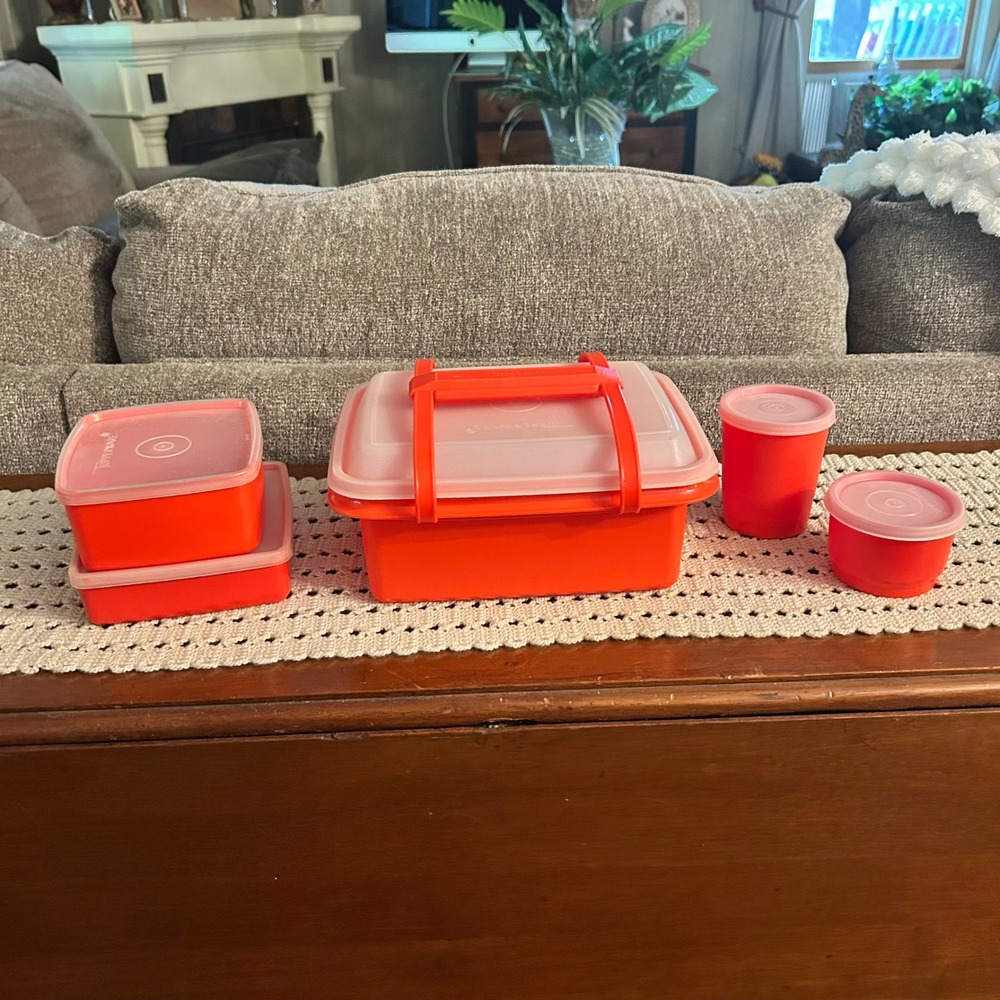 Vtg Tupperware Orange Lunch Set Pack N Carry Snack Containers Tumblers 5pc